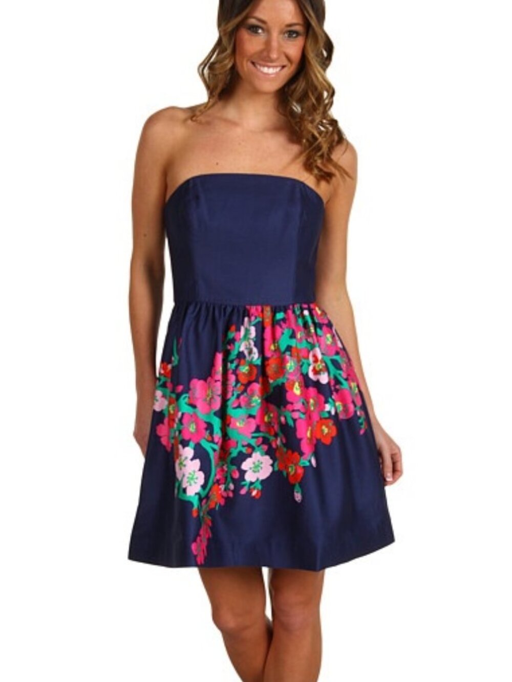 Lilly Pulitzer Size 4 Lottie strapless dress Navy Floral Pattern 100% Cotton